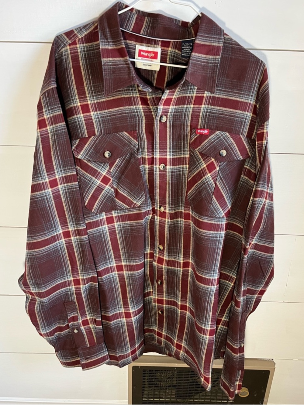Wrangler Maroon and Cream Plaid Flannel Shirt